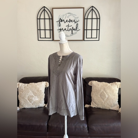 New Direction Long Sleeve Top 100% Cotton Embroidered Beaded Hippie Boho Size M - Picture 2 of 10